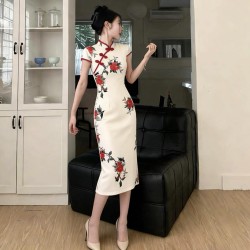 中式花色收腰包臀改良版旗袍